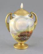 Harry Stinton for Royal Worcester. A two handled ovoid vase and cover, c.1936, puce printed mark and