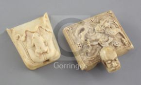 A Chinese ivory 'dragon' belt buckle and an ivory bird feeder, 18th/19th century, the rectangular