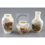 Harry Stinton for Royal Worcester. Three Highland cattle painted vases, first half 20th century, the