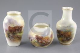 Harry Stinton for Royal Worcester. Three Highland cattle painted vases, first half 20th century, the