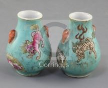 A pair of Chinese miniature turquoise ground hu vases, Qianlong marks but Guangxu period, each