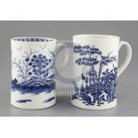 A Worcester Rock Strata Island pattern blue and white mug, and a Plantation Print pattern blue and