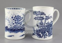 A Worcester Rock Strata Island pattern blue and white mug, and a Plantation Print pattern blue and