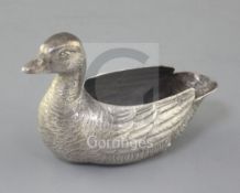 A Victorian novelty silver salt, modelled as a duck, by George Fox, London, 1869, height 63mm.