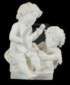 Ottavio Scheggi. A white marble group of two putti with a mandolin and sheet music, signed H.16in.