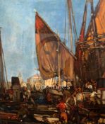§ Sir Frank Brangwyn (1867-1956)oil on canvasA Mediterranean sea portinitialled, Fine Art Society