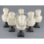 A set of six early 19th century Italian carved alabaster busts of artists and writers,