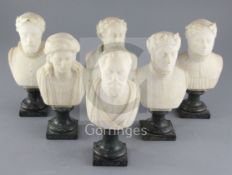 A set of six early 19th century Italian carved alabaster busts of artists and writers,