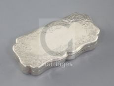 A Victorian engraved silver snuff box by Nathaniel Mills, of shaped rectangular form, gilt interior,