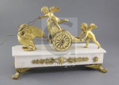 An early 19th century English ormolu mounted marble pendule au char, the watch type movement a.f.,