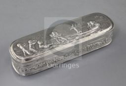 A late 19th century Hanau repousse silver ovoid box, with hinged lid and decorated with putti and