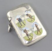 A late Victorian silver and enamel vesta case with four oval golf related panels, George Heath,