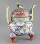 A Chinese famille rose enamelled tripod censer and cover, Qing dynasty, Jiaqing/Daoguang period,