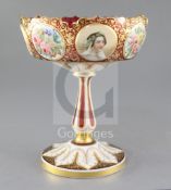 A Bohemian ruby and white overlaid glass pedestal dish, mid 19th century, enamelled with portraits