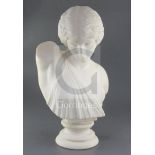 After the antique. An early 20th century carved white marble bust of a classical maiden, on a turned