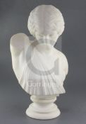 After the antique. An early 20th century carved white marble bust of a classical maiden, on a turned