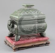 A Chinese spinach green jade fang ding censer and cover, 19th century, carved in archaistic style