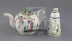 An enamelled saltglazed stoneware teapot, c.1780 and a novelty pearlware stirrup cup, c.1800, the