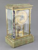 An early 20th century French champlevé enamel and onyx four glass clock, the gilt Arabic dial signed