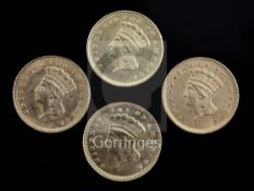 Three United States of America one dollar gold coins, (Type III, 15mm diameter), Indian Head,