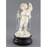 A 19th century Dieppe carved ivory figure of a putto holding a dead deer, on naturalistic base