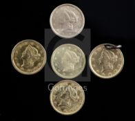 Five United States of America one dollar gold coins, Liberty Head (type 1, 13mm diameter),