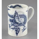 A Worcester 'The Dragon' pattern blue and white mug, c.1760-5, the interior of the mug with the