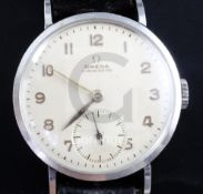 A gentleman's 1940's stainless steel Omega chronometer manual wind wrist watch, with Arabic dial and