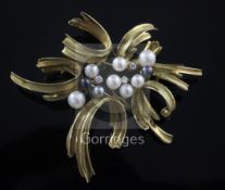 An early 1970's 18ct gold, three colour cultured pearl and diamond set foliate spray brooch, 67mm.