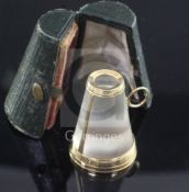 A cased 19th century continental gold and frosted glass spy glass, of conical shape, with suspension