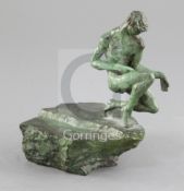 Tom Merrifield (1933-). A bronze model of a nude crouched upon a rock, "Faune in Minature 1987"