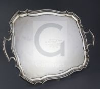 A George V silver two handle shaped rectangular tray, by Alexander Clark & Co. Ltd, with engraved