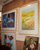 Karen Urben, two pastels 'Joie de wine', largest 54 x 74 and a watercolour landscape by another