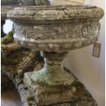 Two reconstituted stone pedestal campana urn shape planters W.46cm.