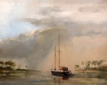 Richard Ewen, oil on canvas, Schooner at anchor, signed and dated '78 60 x 75cm