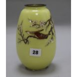 A Japanese cloisonne vase by Ando depicting birds among Prunus blossom, Ando seal mark. height 19cm