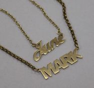 Two 9ct gold 'identity' pendant necklaces, "Mark" and "June".