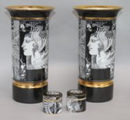 A pair of Endre Szasz (1926-2003) for Hollohaza, black & white printed cylindrical vases and a