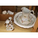 A Victorian Staffordshire pottery floral decorated toilet jug and bowl, a group of coronation