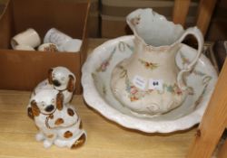 A Victorian Staffordshire pottery floral decorated toilet jug and bowl, a group of coronation