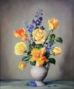 James Noble (1919-1989)oil on canvas'Fresh Roses with a Spray of Delphiniums'signed60 x 50cm