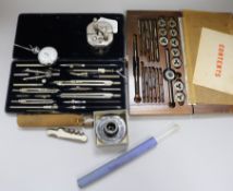 A Thornton draughtsman's set and miscellaneous items, including a Spiro Safety Blade Sharpener,