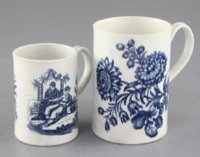 A Caughley blue and white floral spray pattern mug, c.1780 and a Worcester La Peche / Le Promenade