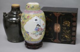 A Chinese jar and cover, a pottery vessel and a lacquer cabinet vase height 30cm