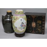 A Chinese jar and cover, a pottery vessel and a lacquer cabinet vase height 30cm