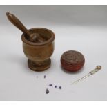 A Scottish silver paper knife, an olivewood pestle and mortar and a box mortar height 14cm