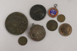 A Victoria one penny 1879, AUNC and a collection of bronze medals, coins and tokens, including a
