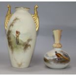 A Royal Worcester blush ivory bottle vase and a similar Grainger & Co two-handled ovoid vase, the