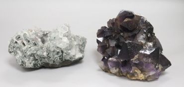 An amethyst quartz specimen, 18 x 12cm and another quartz specimen, 20 x 10cm