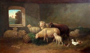 D* Newby (19th century), oil on canvas, sheep in barn interiors with chickens and ducks, a pair,